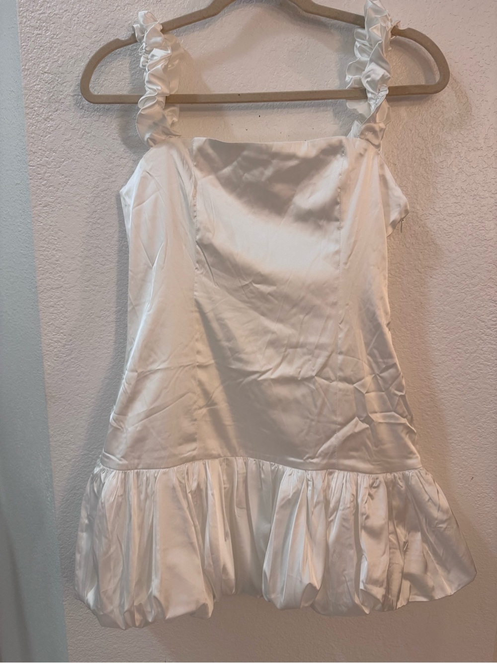 Peppermayo Monroe White Satin Ruffle-Strap Mini Dress W/ Bubble Skirt Drop Waist - Picture 3 of 12